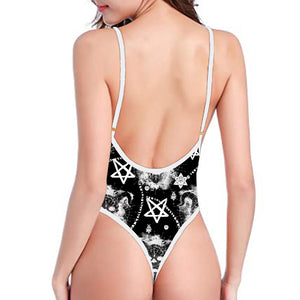 Black And White Wicca Devil Skull Print One Piece High Cut Swimsuit