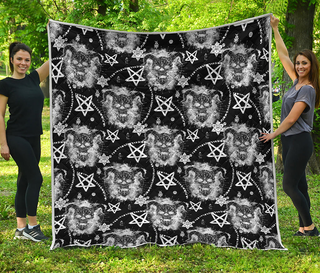 Black And White Wicca Devil Skull Print Quilt