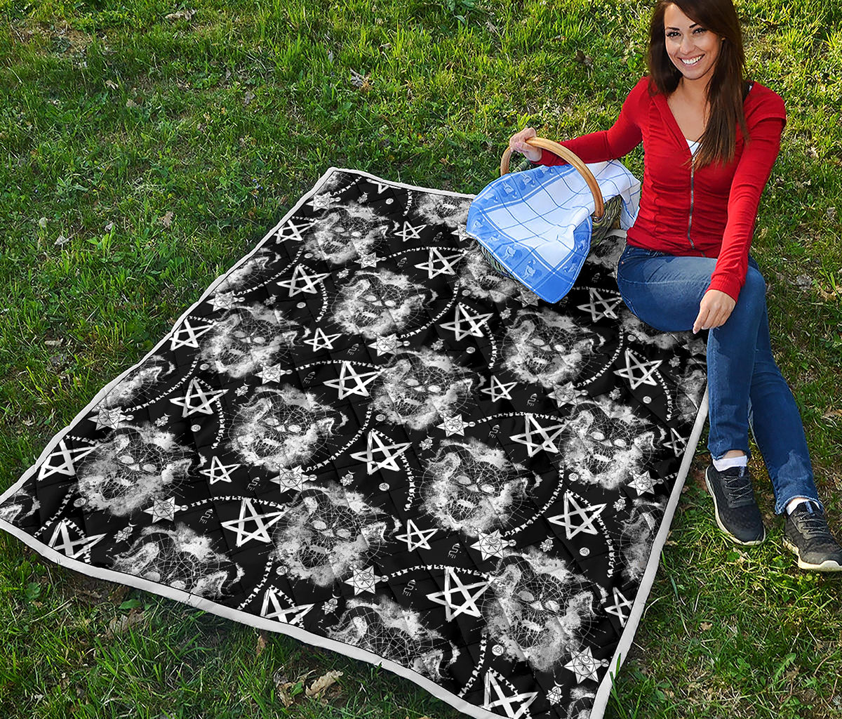 Black And White Wicca Devil Skull Print Quilt