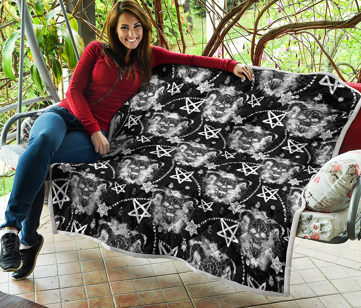 Black And White Wicca Devil Skull Print Quilt