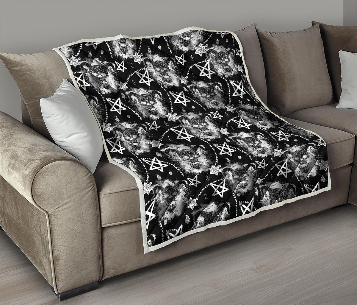 Black And White Wicca Devil Skull Print Quilt