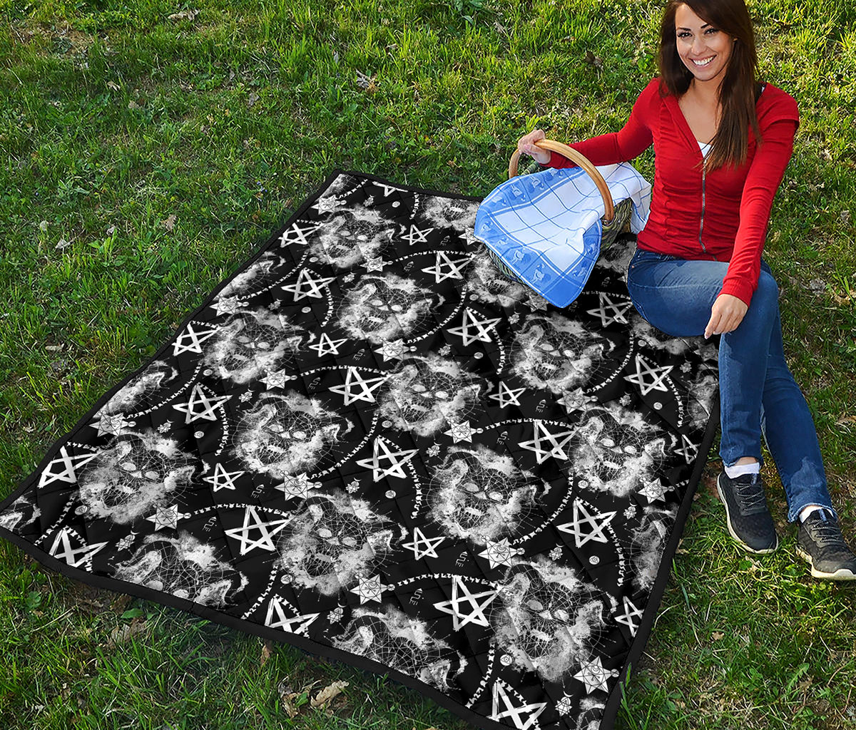 Black And White Wicca Devil Skull Print Quilt