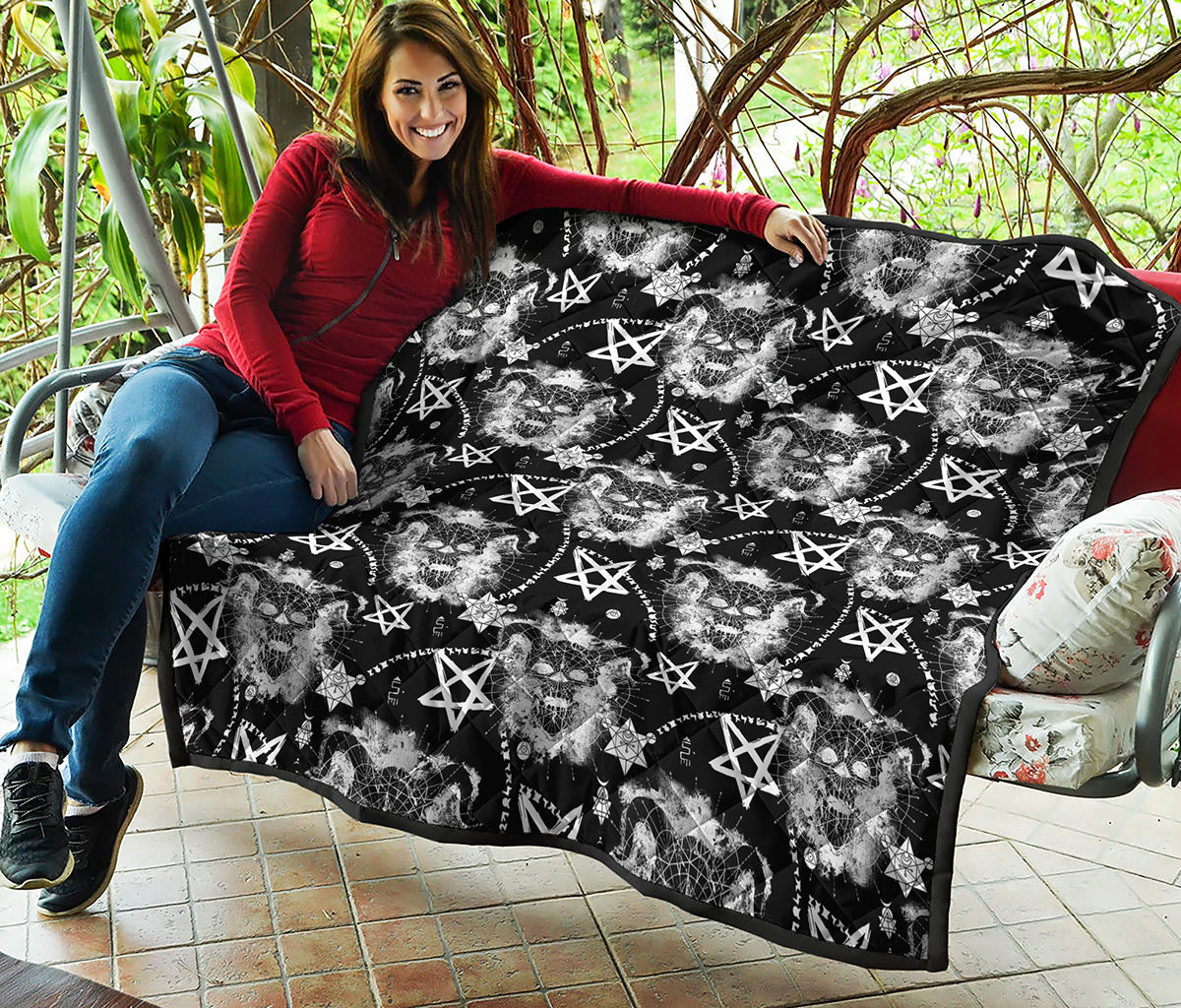 Black And White Wicca Devil Skull Print Quilt