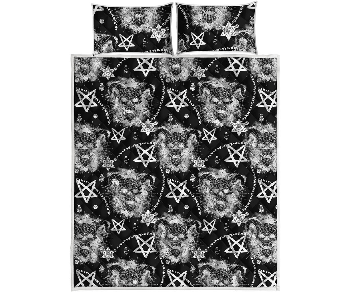 Black And White Wicca Devil Skull Print Quilt Bed Set