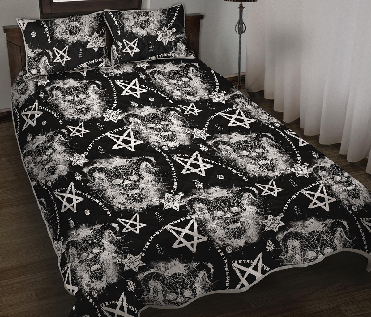 Black And White Wicca Devil Skull Print Quilt Bed Set