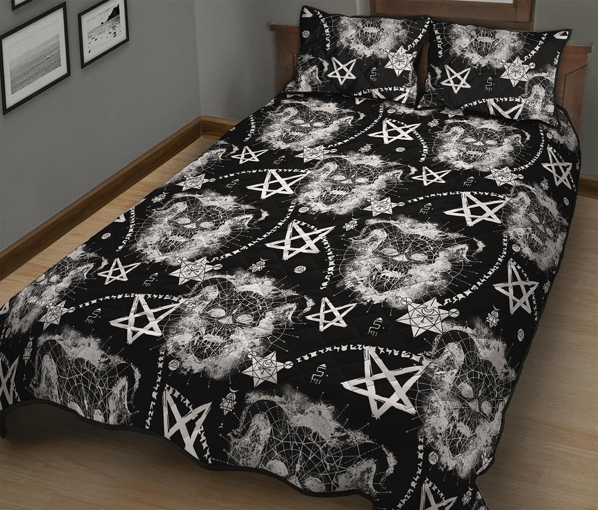 Black And White Wicca Devil Skull Print Quilt Bed Set