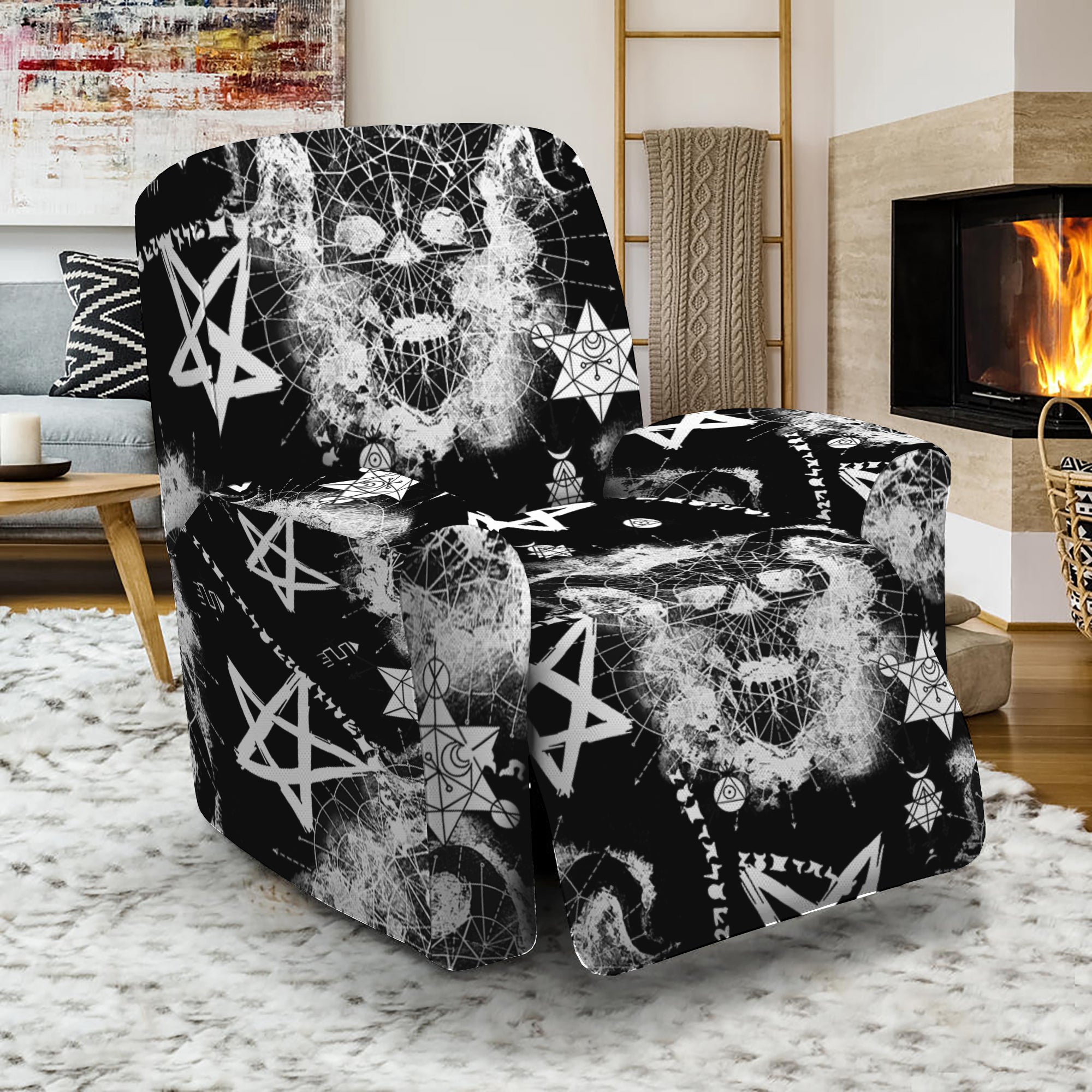 Black And White Wicca Devil Skull Print Recliner Slipcover