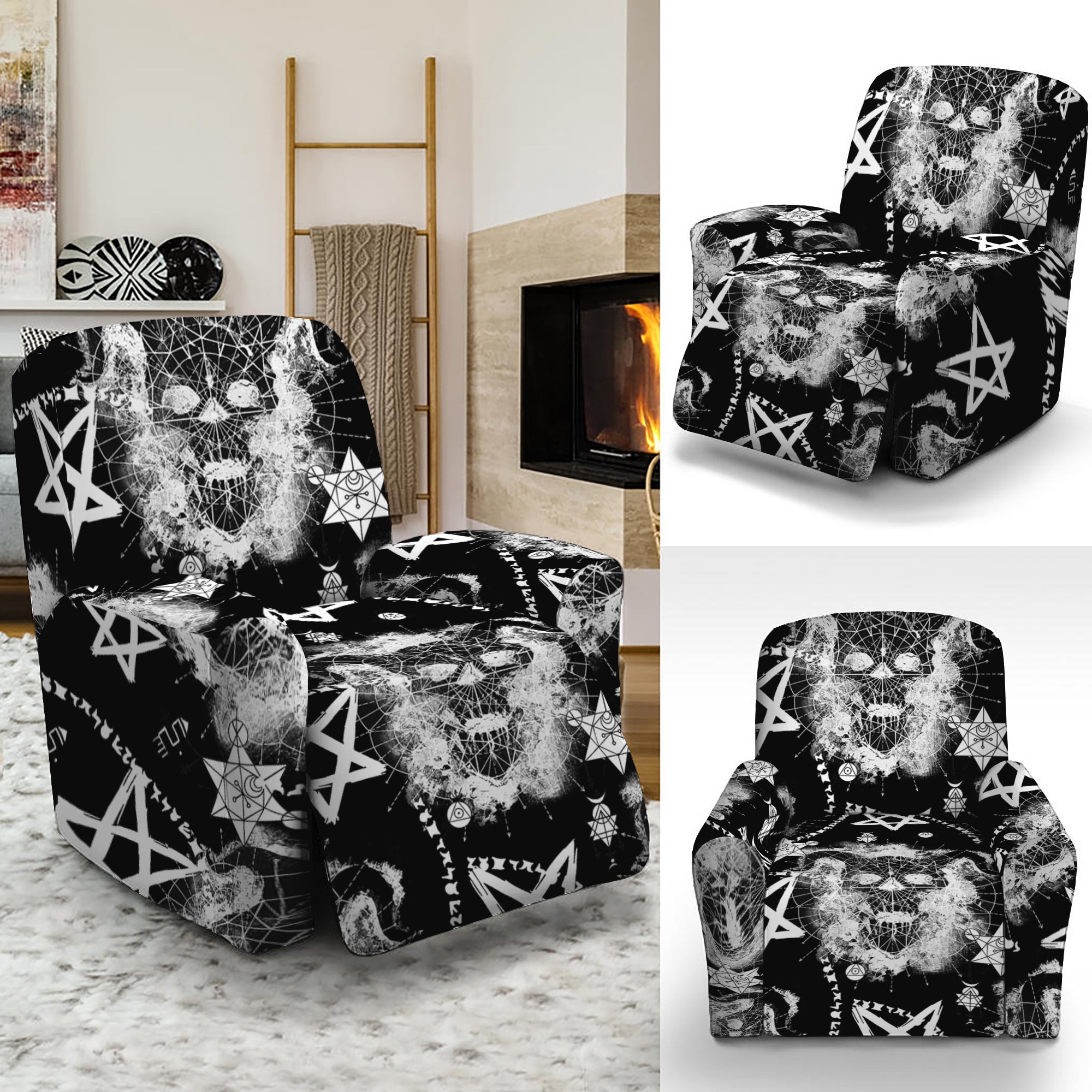 Black And White Wicca Devil Skull Print Recliner Slipcover