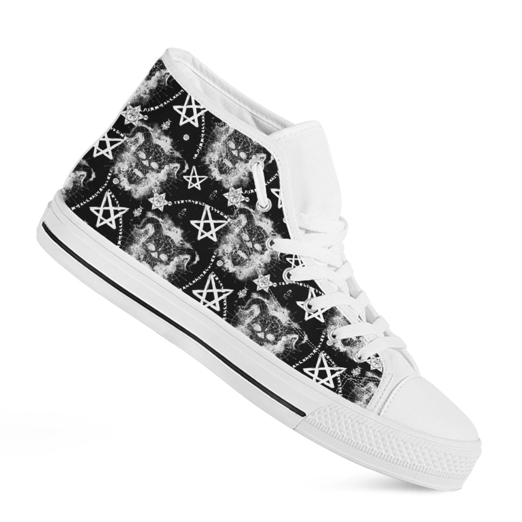 Black And White Wicca Devil Skull Print White High Top Shoes
