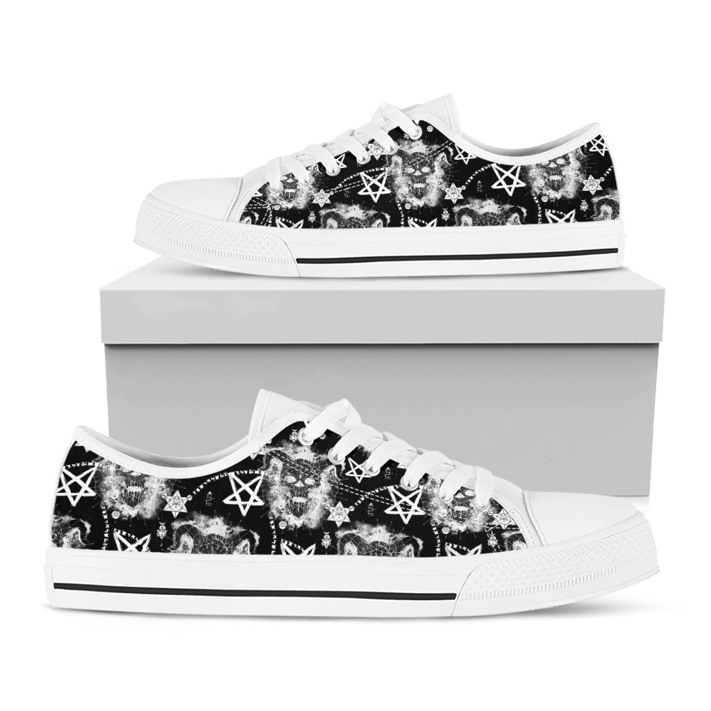 Black And White Wicca Devil Skull Print White Low Top Shoes