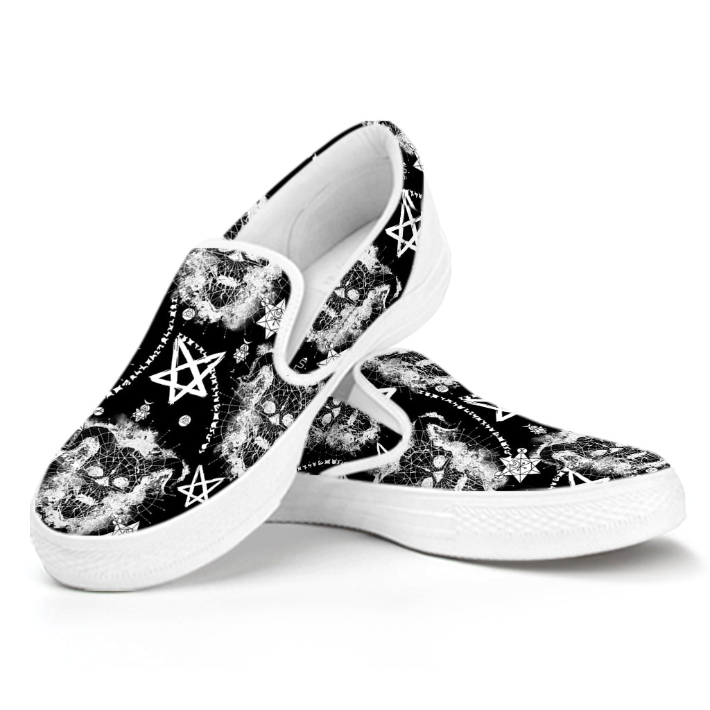 Black And White Wicca Devil Skull Print White Slip On Shoes