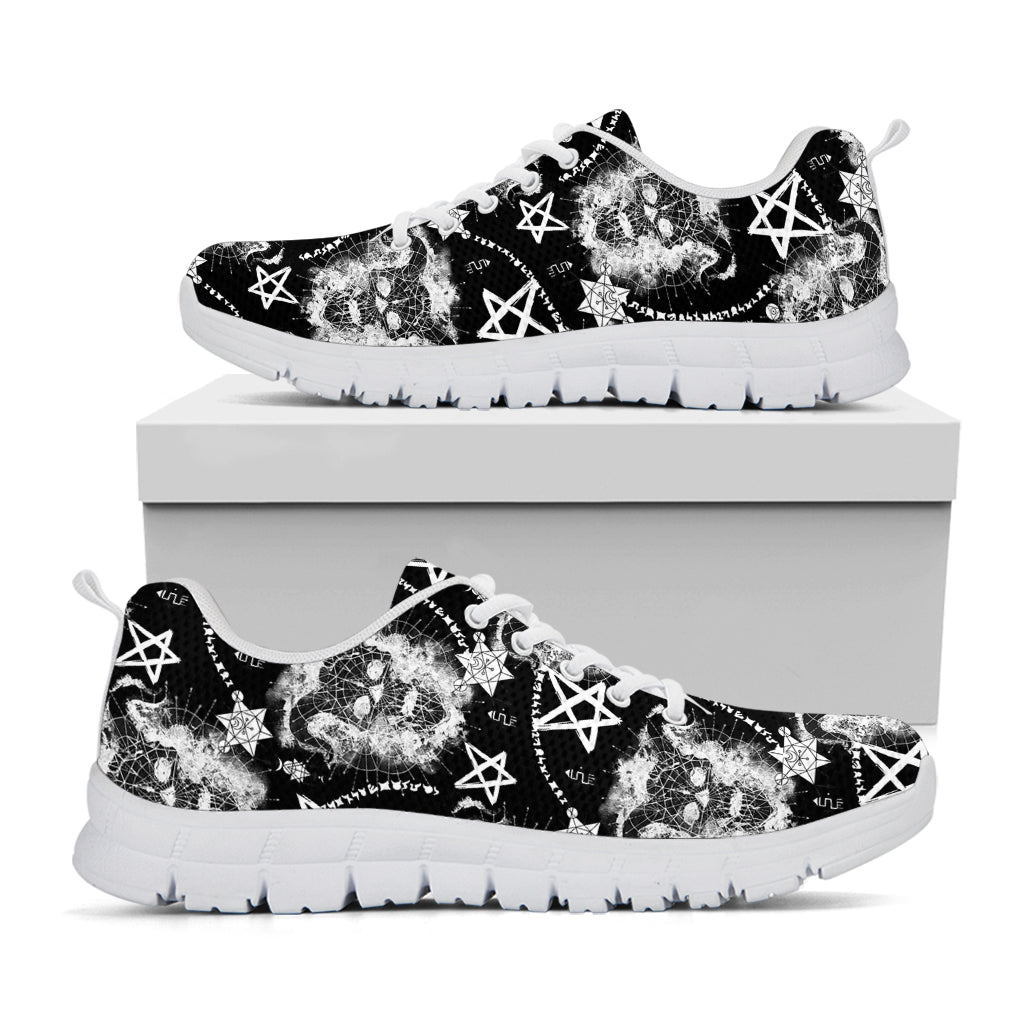 Black And White Wicca Devil Skull Print White Sneakers