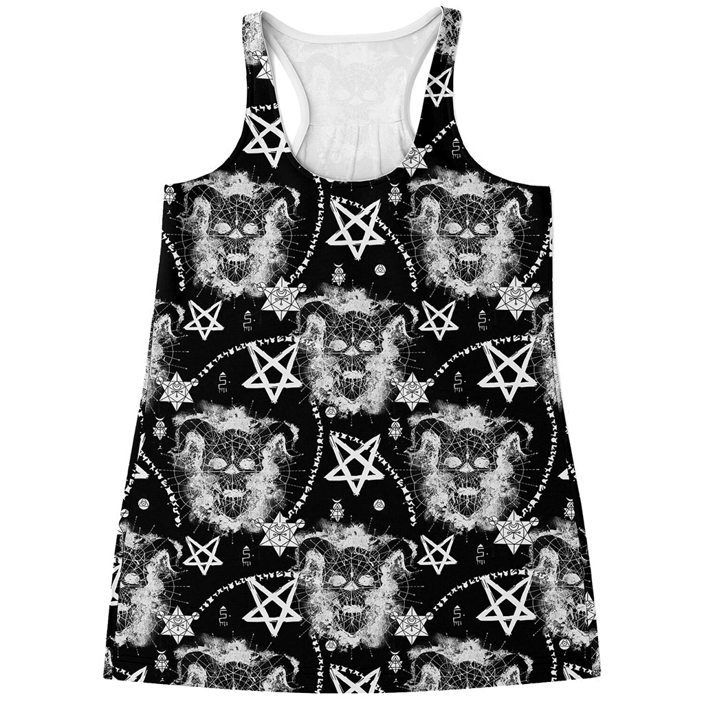 Black And White Wicca Devil Skull Print Women's Racerback Tank Top