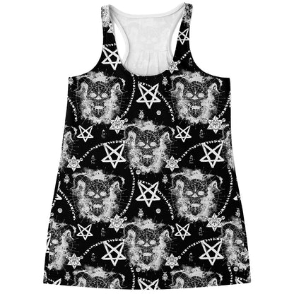 Black And White Wicca Devil Skull Print Women's Racerback Tank Top