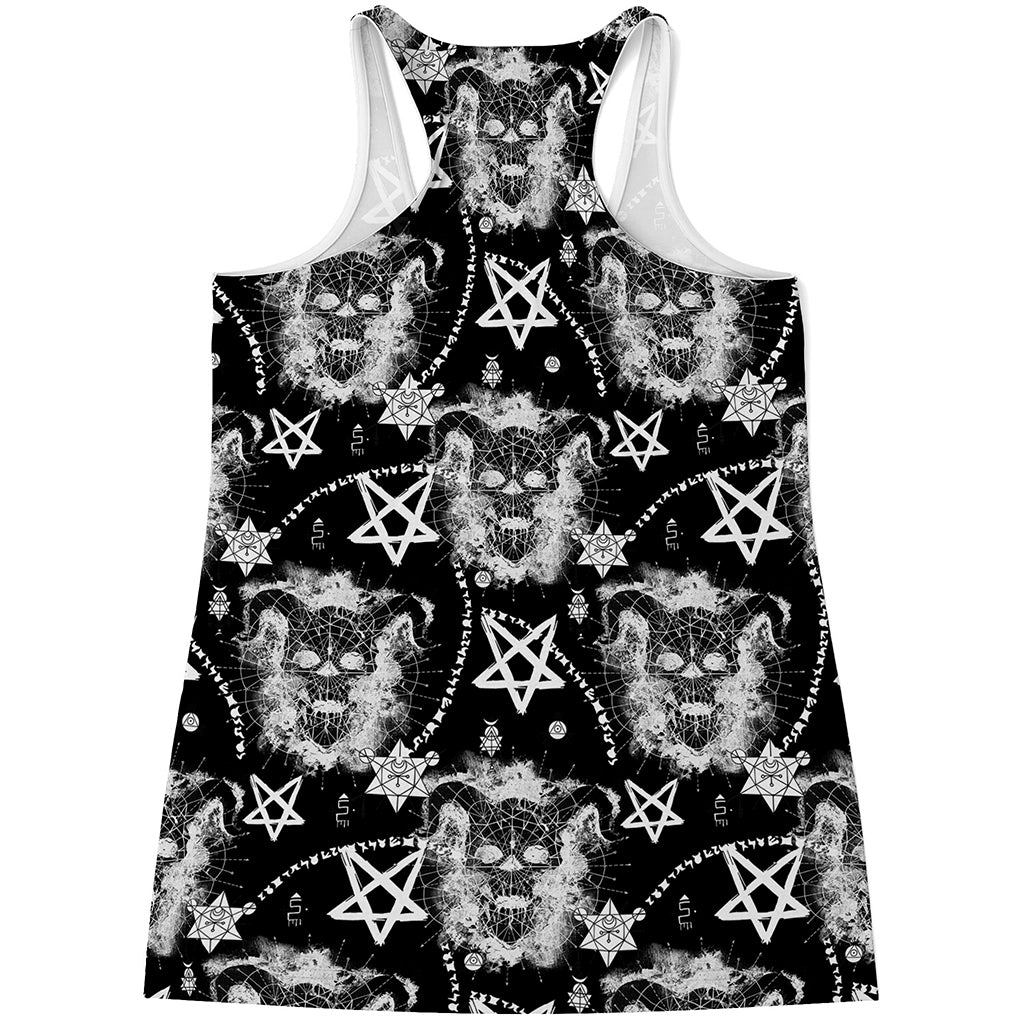Black And White Wicca Devil Skull Print Women's Racerback Tank Top