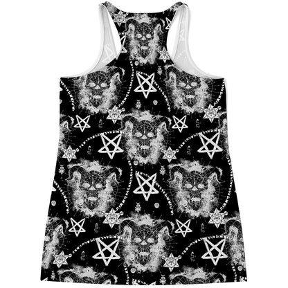 Black And White Wicca Devil Skull Print Women's Racerback Tank Top