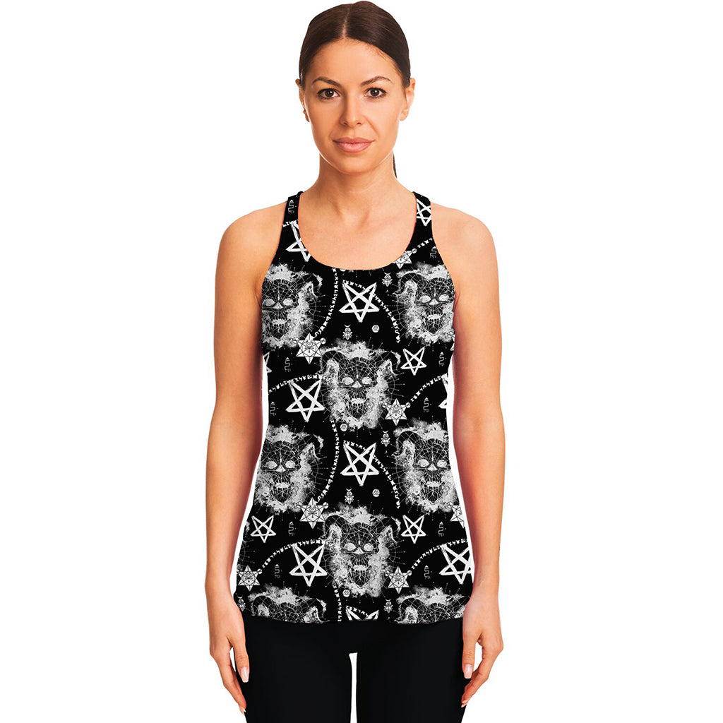 Black And White Wicca Devil Skull Print Women's Racerback Tank Top