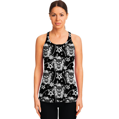 Black And White Wicca Devil Skull Print Women's Racerback Tank Top