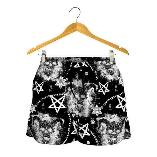 Black And White Wicca Devil Skull Print Women's Shorts