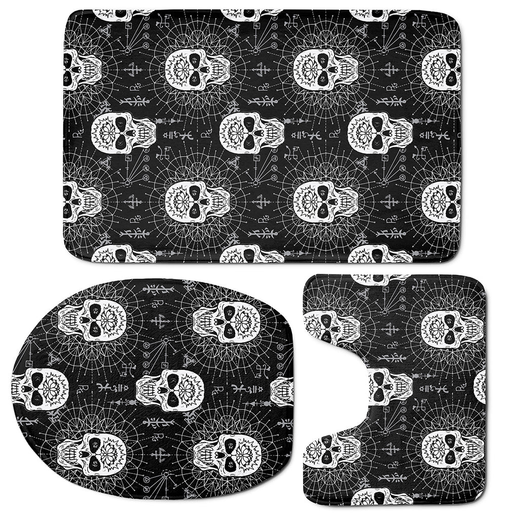 Black And White Wicca Evil Skull Print 3 Piece Bath Mat Set