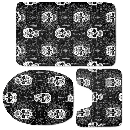 Black And White Wicca Evil Skull Print 3 Piece Bath Mat Set
