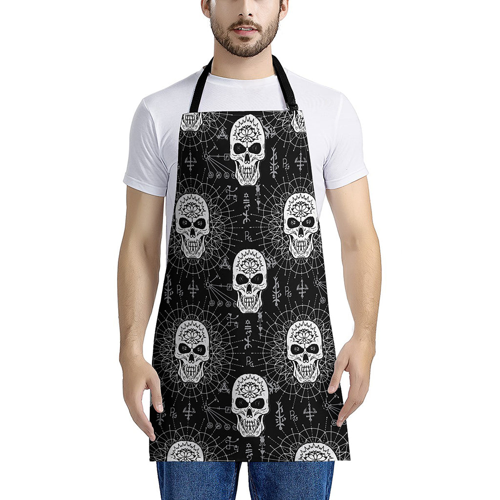 Black And White Wicca Evil Skull Print Apron