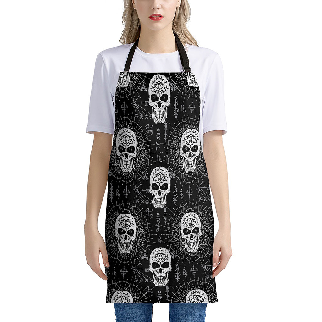 Black And White Wicca Evil Skull Print Apron