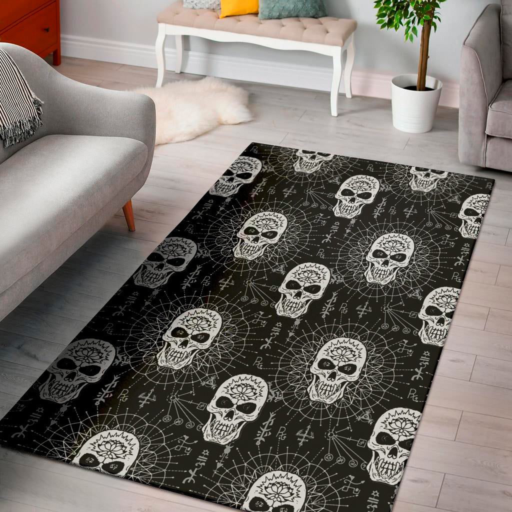 Black And White Wicca Evil Skull Print Area Rug