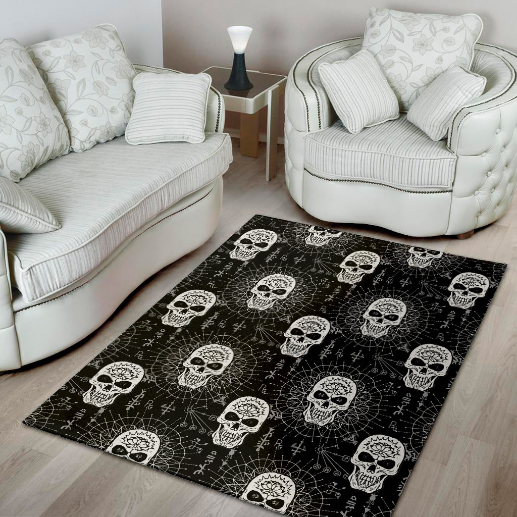 Black And White Wicca Evil Skull Print Area Rug