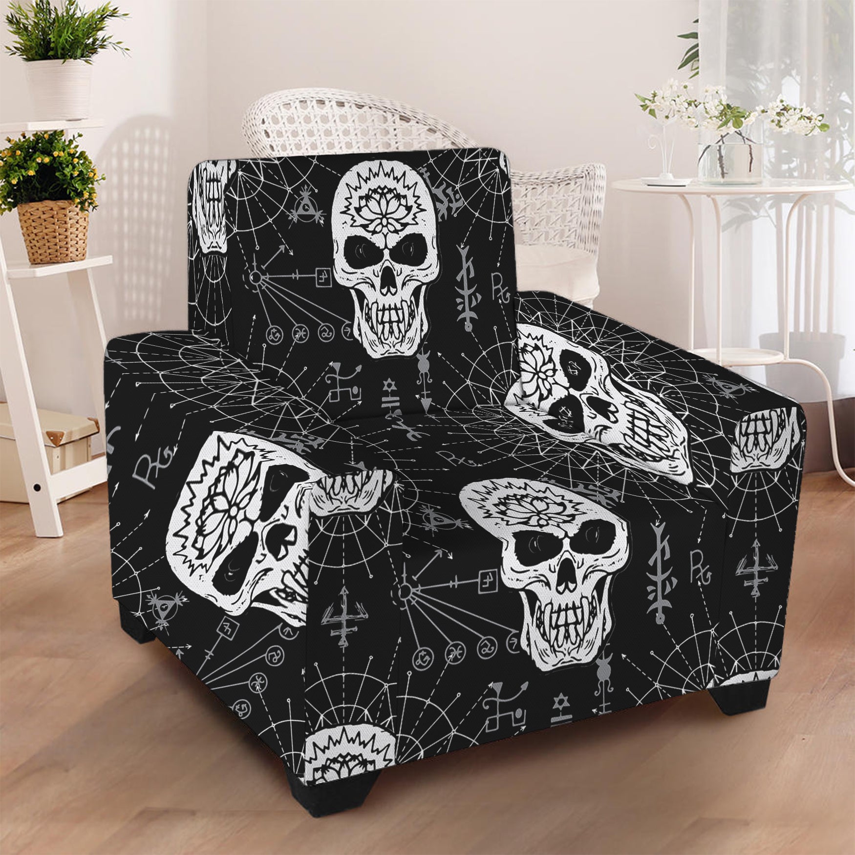 Black And White Wicca Evil Skull Print Armchair Slipcover