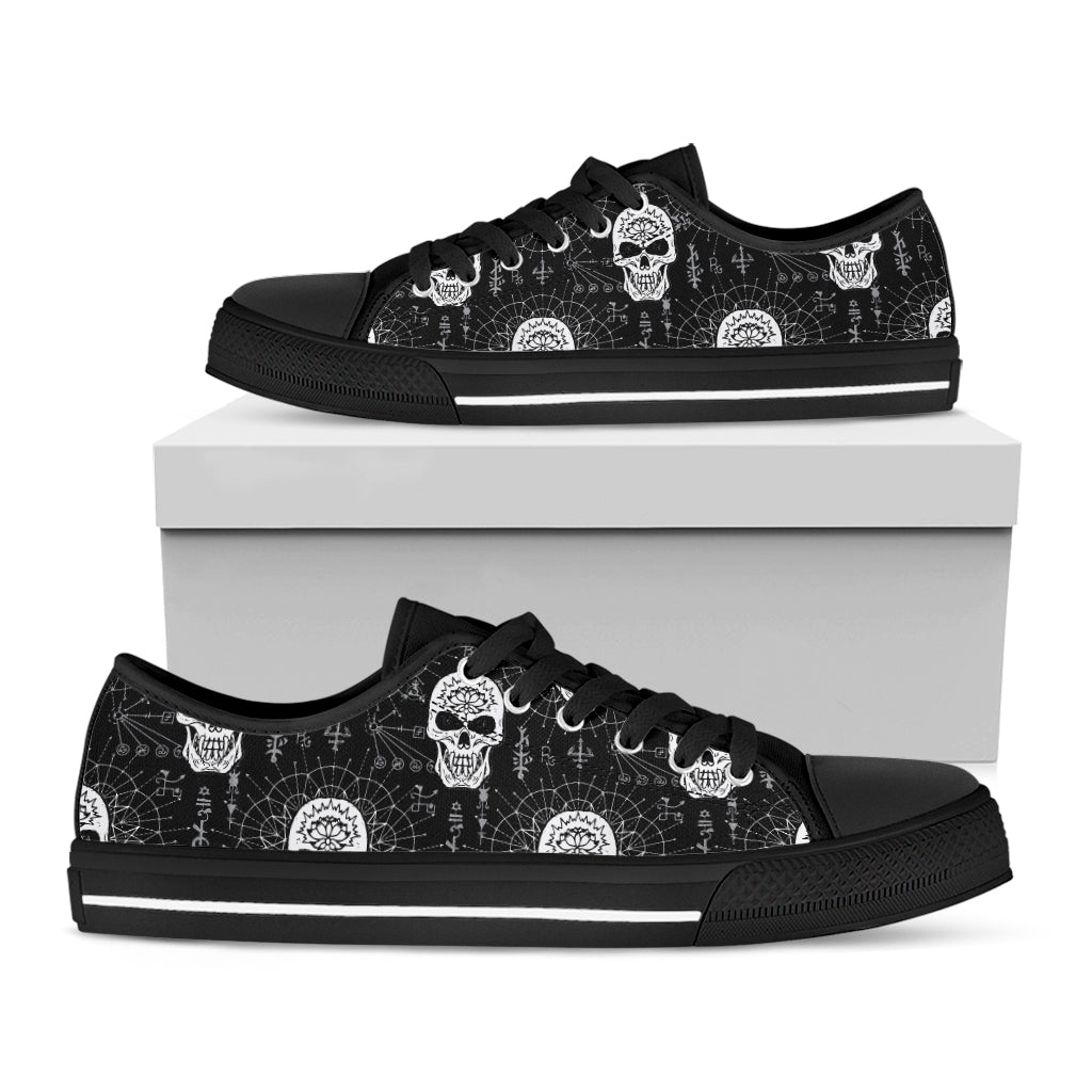 Black And White Wicca Evil Skull Print Black Low Top Shoes