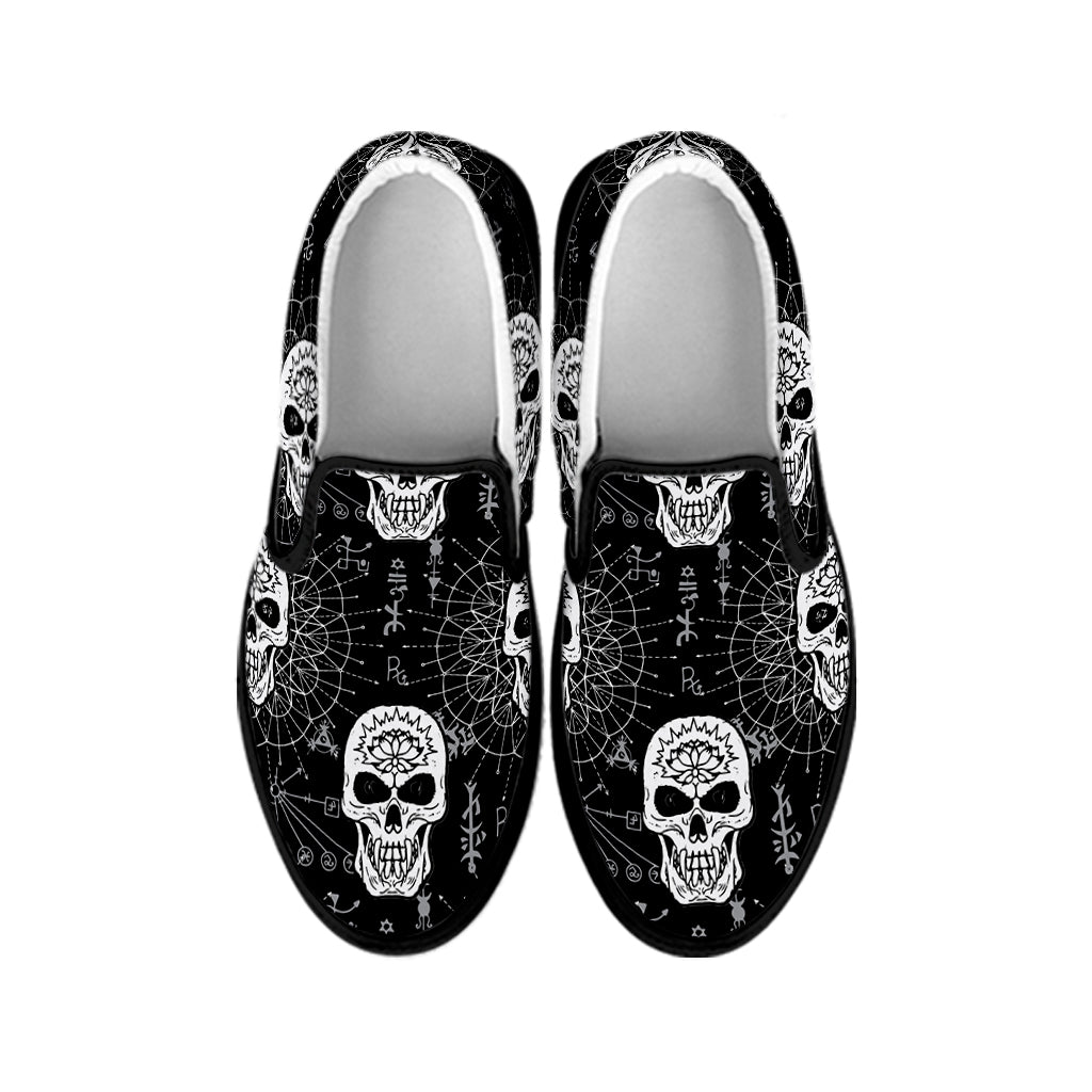 Black And White Wicca Evil Skull Print Black Slip On Shoes