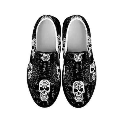 Black And White Wicca Evil Skull Print Black Slip On Shoes