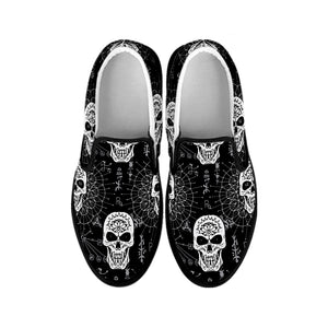 Black And White Wicca Evil Skull Print Black Slip On Shoes