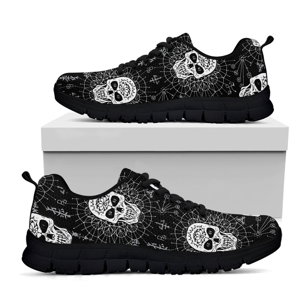 Black And White Wicca Evil Skull Print Black Sneakers