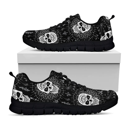 Black And White Wicca Evil Skull Print Black Sneakers