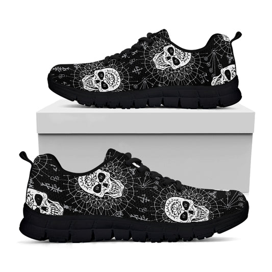 Black And White Wicca Evil Skull Print Black Sneakers