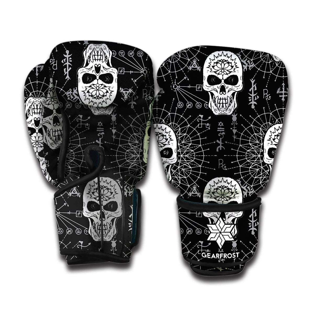 Black And White Wicca Evil Skull Print Boxing Gloves