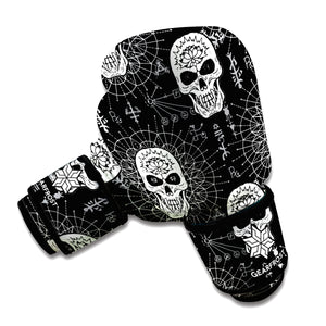 Black And White Wicca Evil Skull Print Boxing Gloves