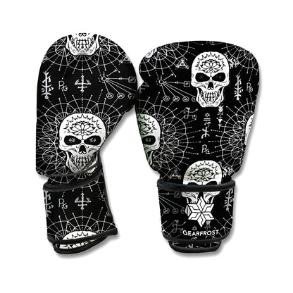 Black And White Wicca Evil Skull Print Boxing Gloves