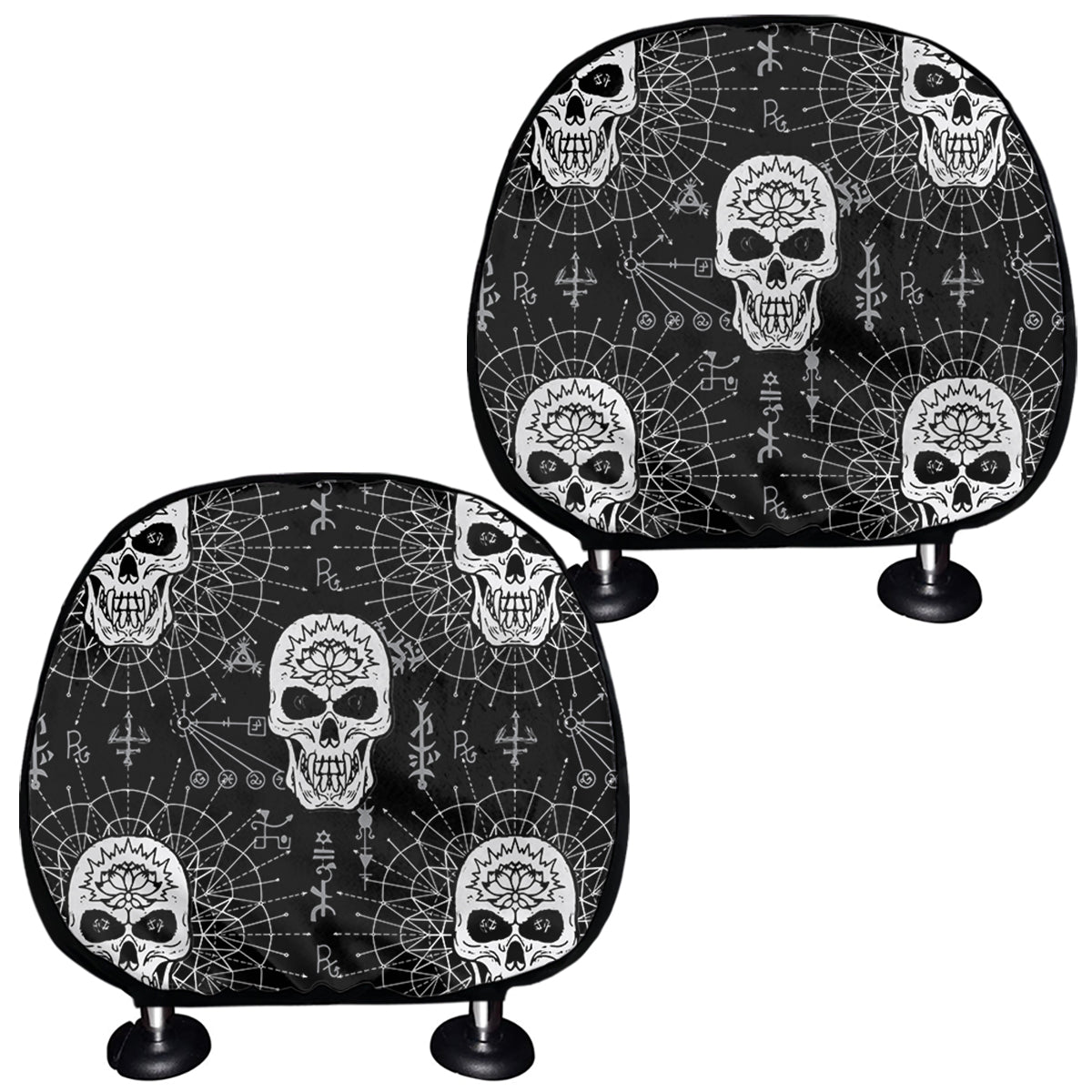 Black And White Wicca Evil Skull Print Car Headrest Covers