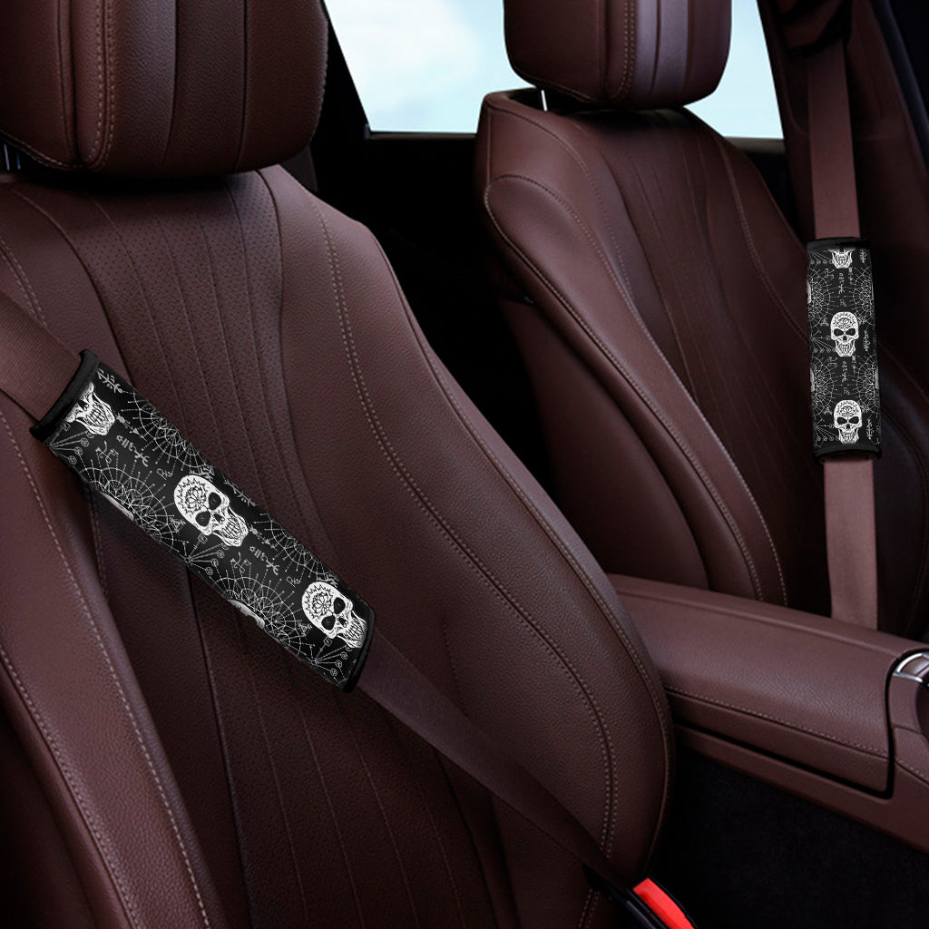 Black And White Wicca Evil Skull Print Car Seat Belt Covers