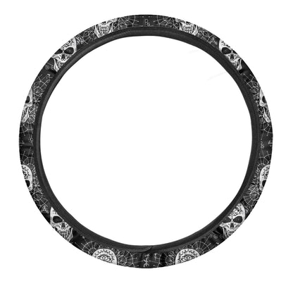 Black And White Wicca Evil Skull Print Car Steering Wheel Cover