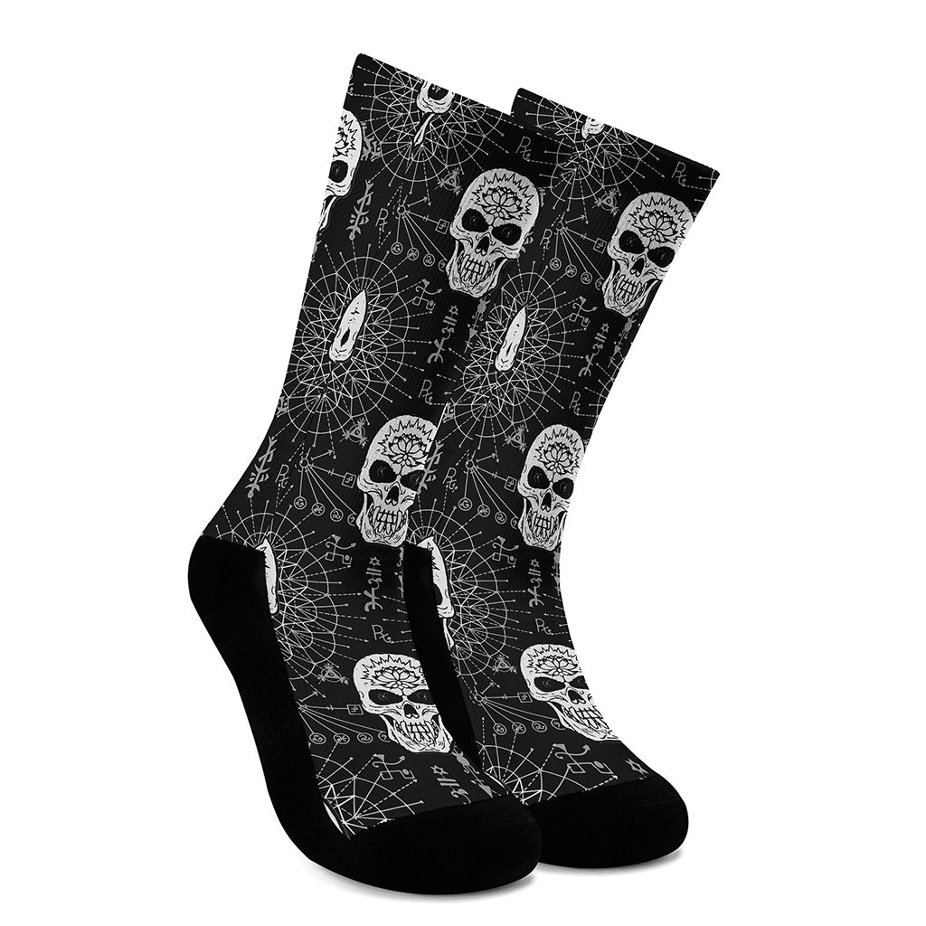 Black And White Wicca Evil Skull Print Crew Socks