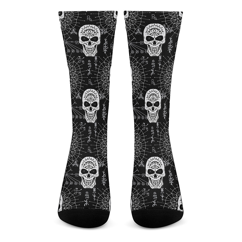 Black And White Wicca Evil Skull Print Crew Socks