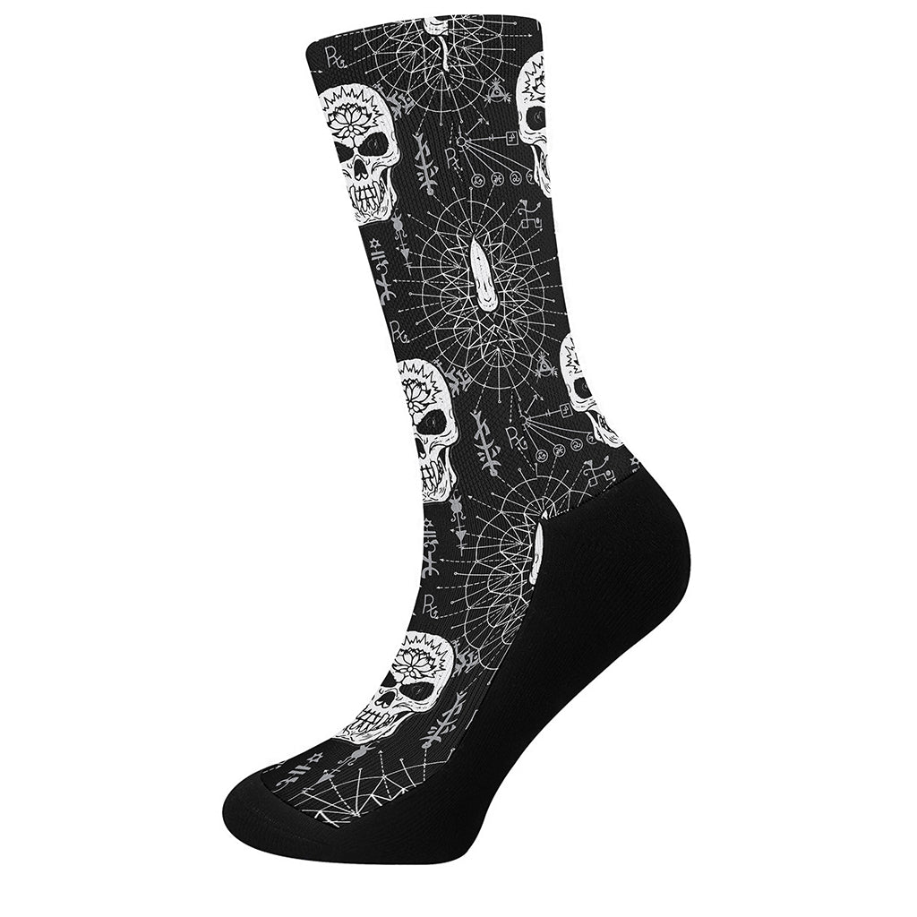 Black And White Wicca Evil Skull Print Crew Socks