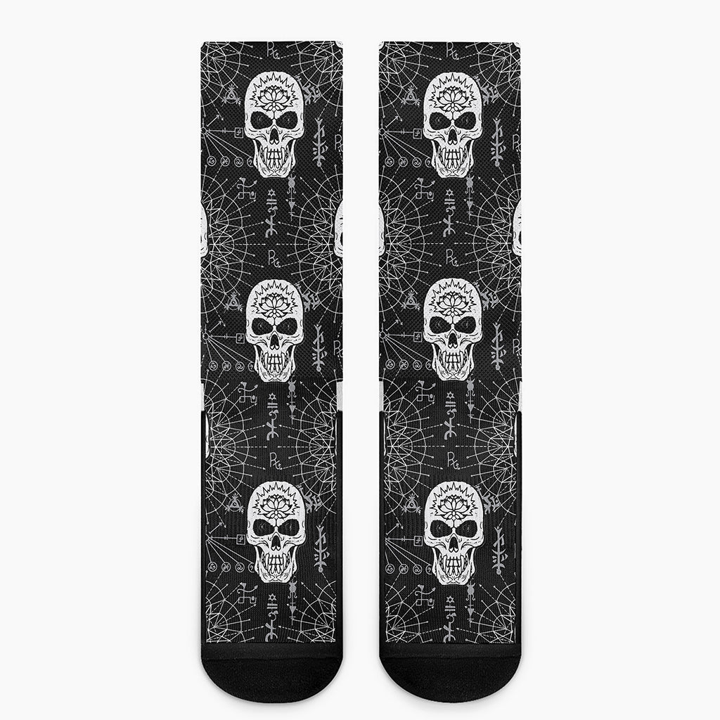 Black And White Wicca Evil Skull Print Crew Socks