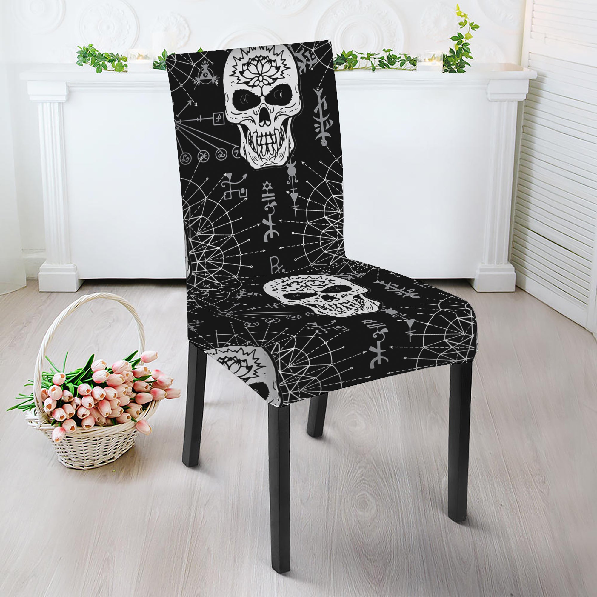 Black And White Wicca Evil Skull Print Dining Chair Slipcover