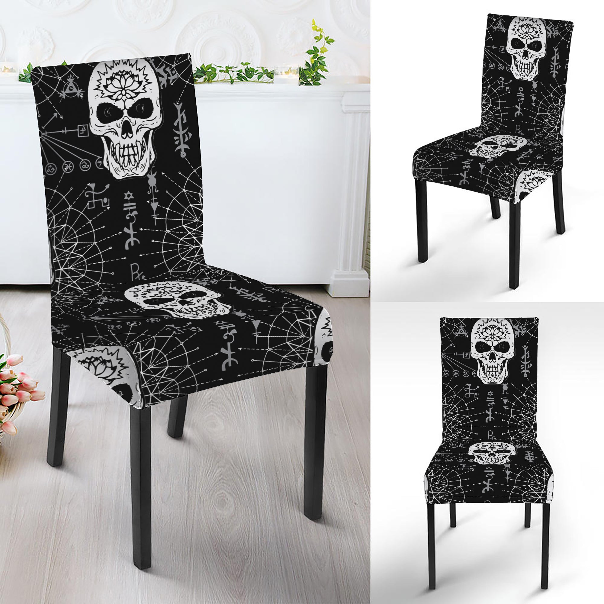 Black And White Wicca Evil Skull Print Dining Chair Slipcover