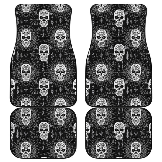 Black And White Wicca Evil Skull Print Front and Back Car Floor Mats